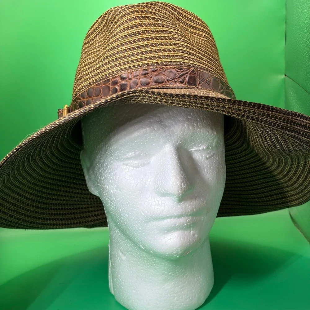 Eric Javits Squishee Sun Hat Packable Brown Woven Straw Faux Croc Band Wide Brim